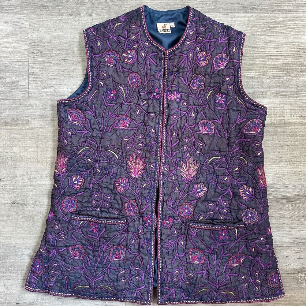 Vintage Cottage Product 100% Silk Embroidered Quilted Vest Made in India S